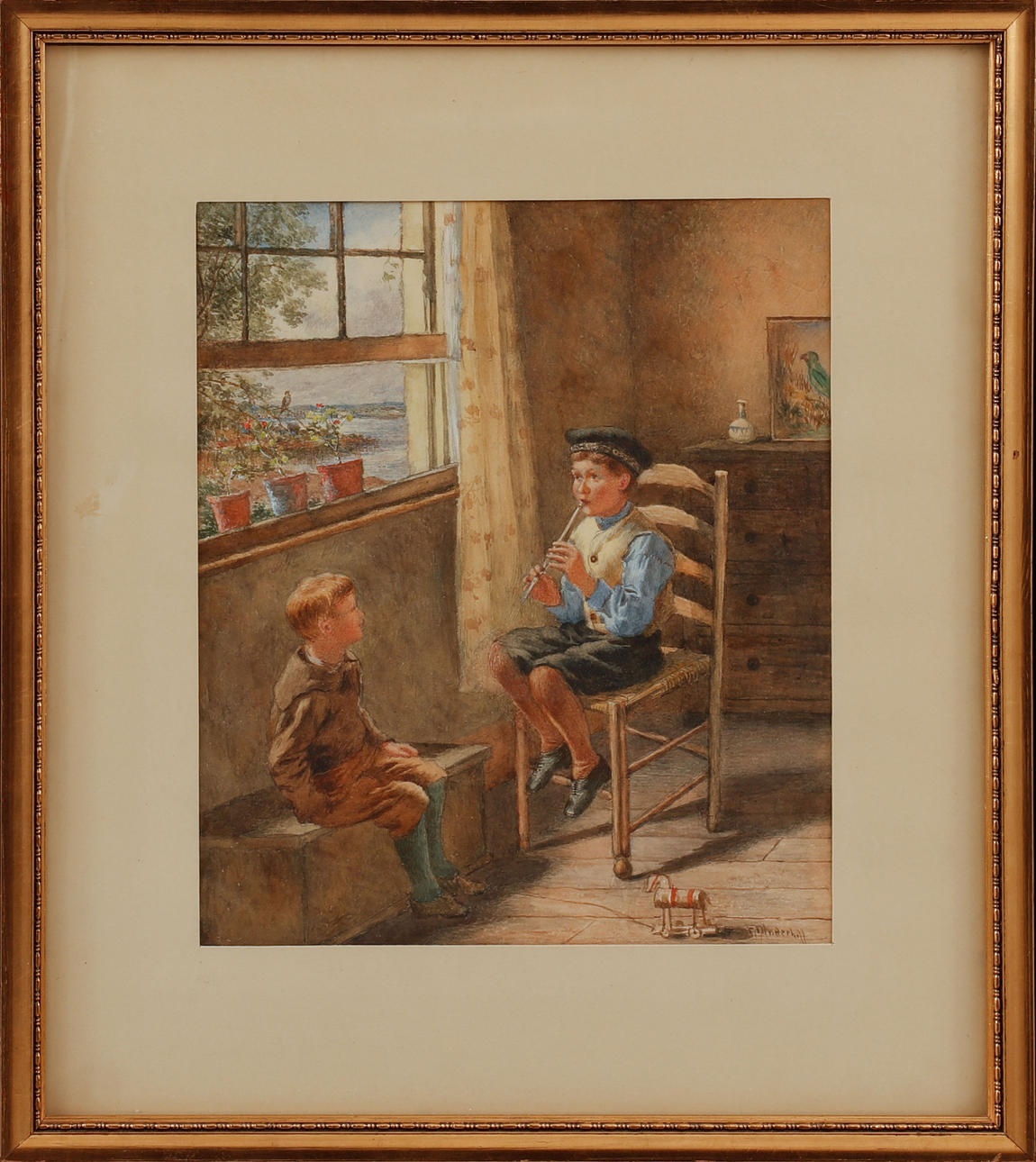 FREDERICK THOMAS UNDERHILL. Interior with flute playing boy. Watercolor, signed.
