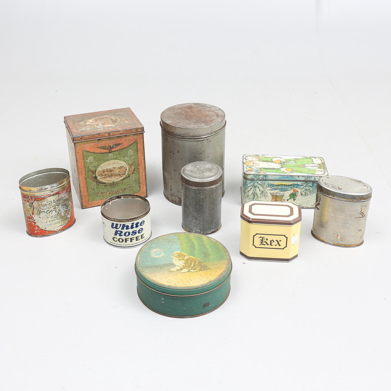 PLÅTBURKAR, 9 st, Gevalia, Lundells, m.m, 1900-talets första hälft/mitt.