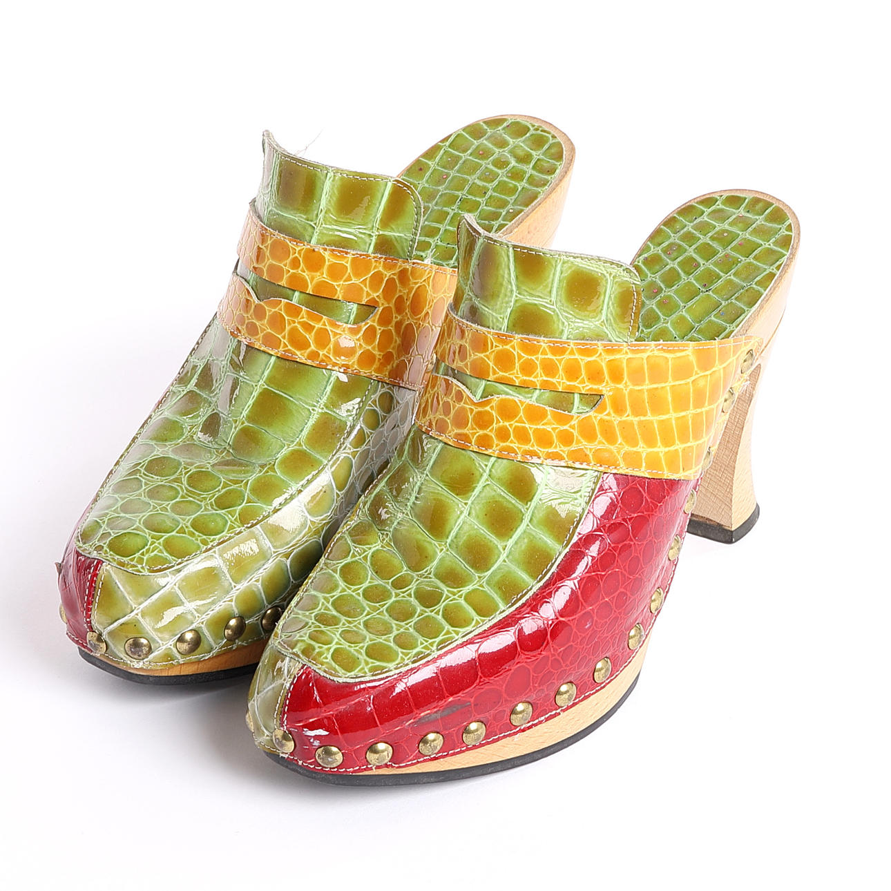 Clogs WITH HEEL, croco lacquer and leather, 90s.