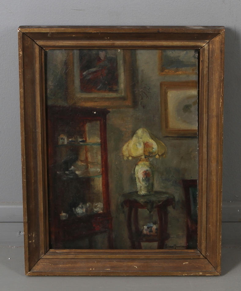 ELNA JACOBSSON. Rumsinteriör, olja på pannå, signerad samt otydlig datering.