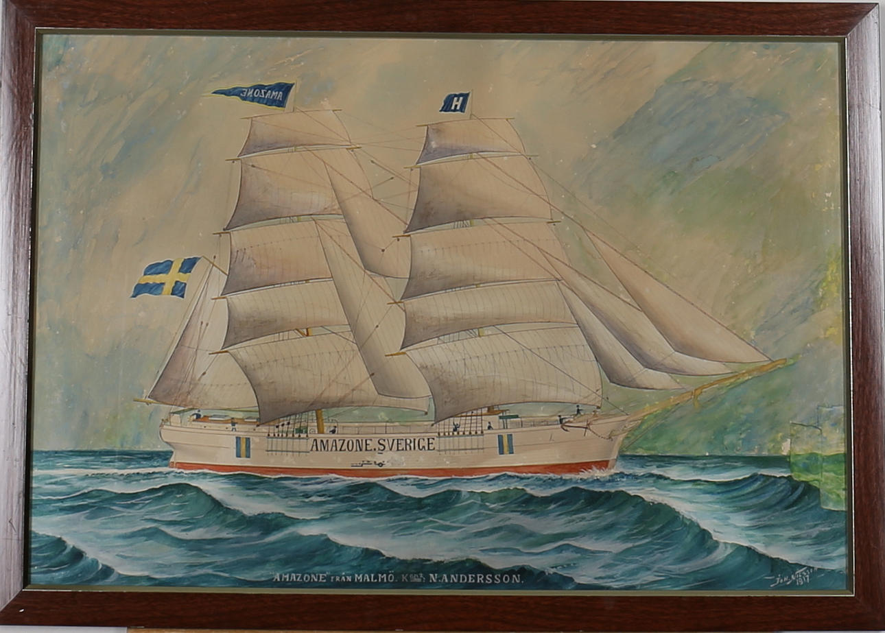 JOHAN NILSSON. Segelfartyget "Amazone - Sverige". Akvarell. Signerad Joh Nilsson och daterad 1917.