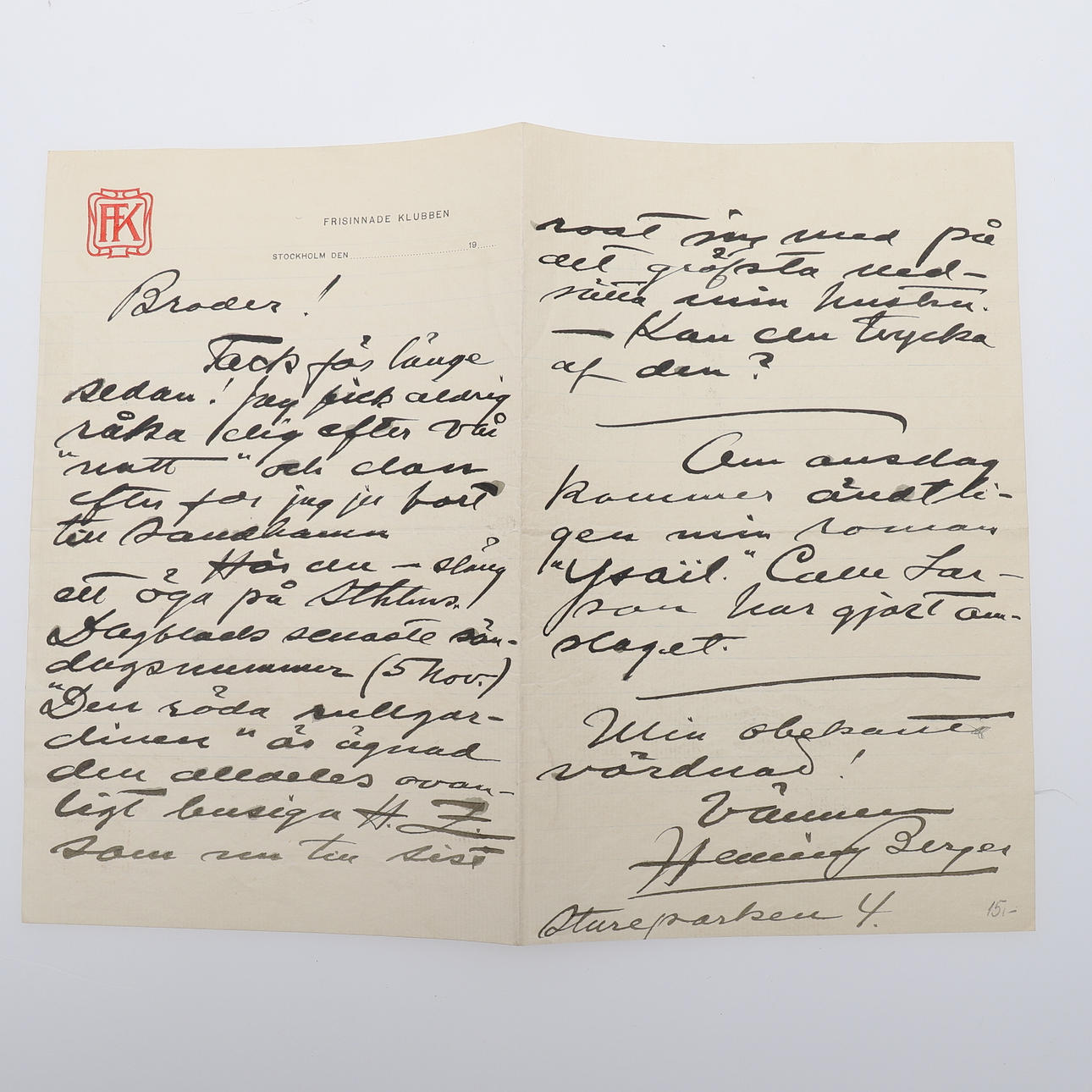 MANUSCRIPT. HANDWRITTEN & SIGNED LETTER BY HENNING BERGER.