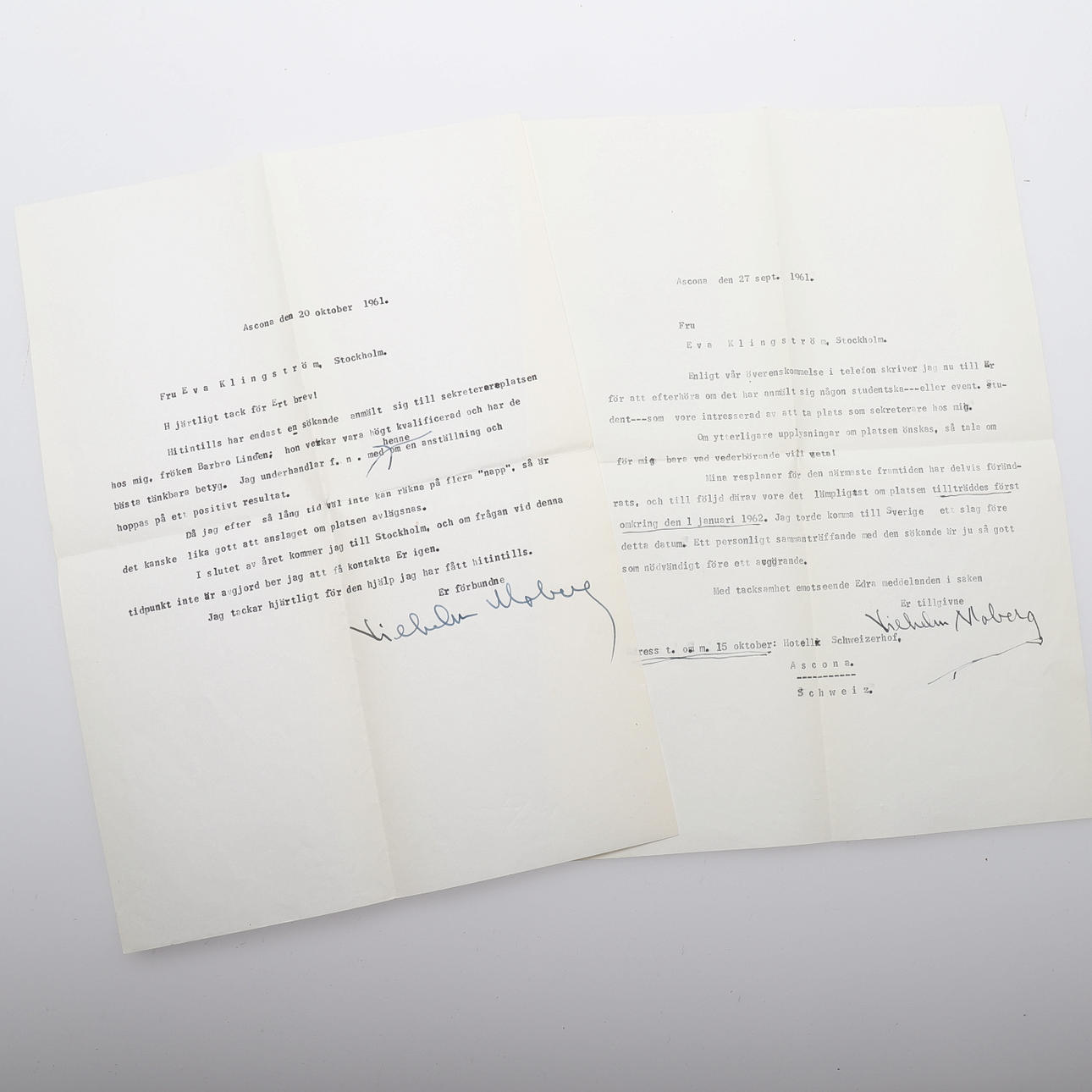 TWO SIGNED LETTERS FROM VILHELM MOBERG - LOOKING FOR A SECRETARY.