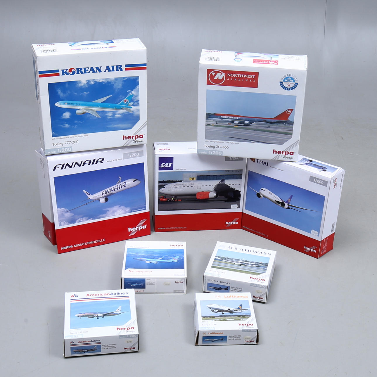 AIRPLANE MODELS, 9 pcs, Herpa, in original boxes.