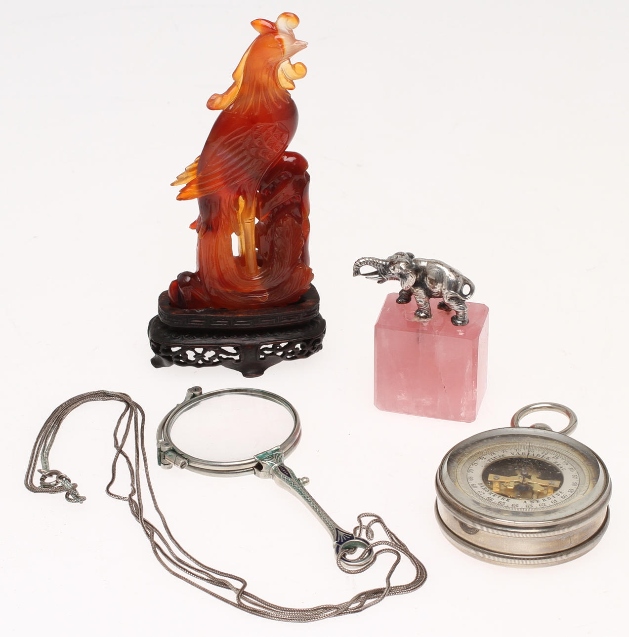 PARTI DIVERSE, 4 delar, bla fickbarometer och lornjett.