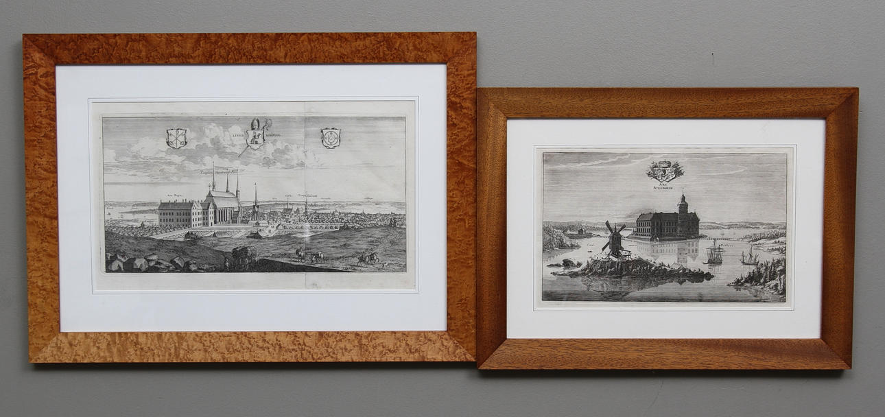 ANTIKA GRAVYRER, 2 st, "Stegeborgh" samt "Linndkiöping". Ramade.