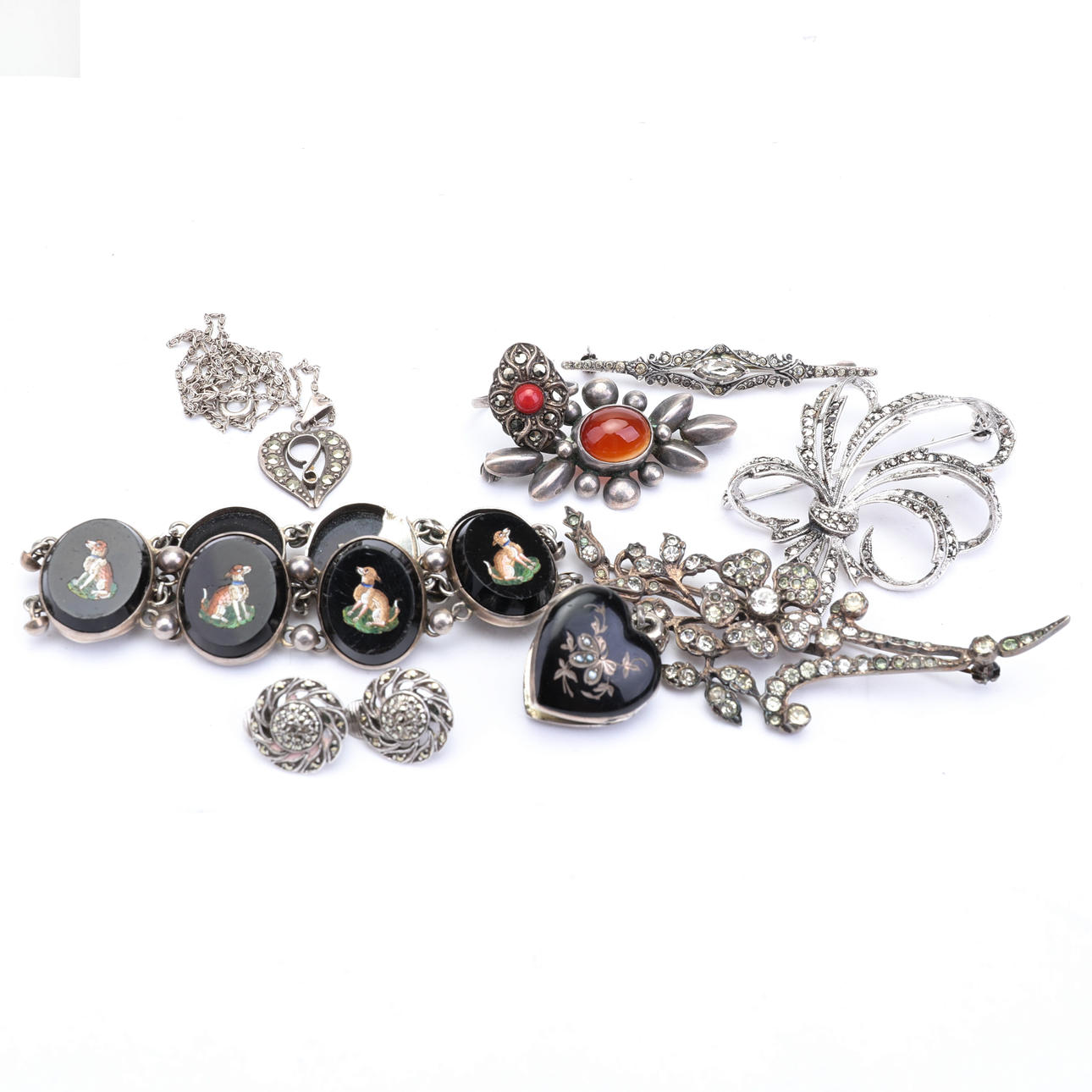 Ein Menge SILBER, gemischter Schmuck, Markasiten, Karneol.