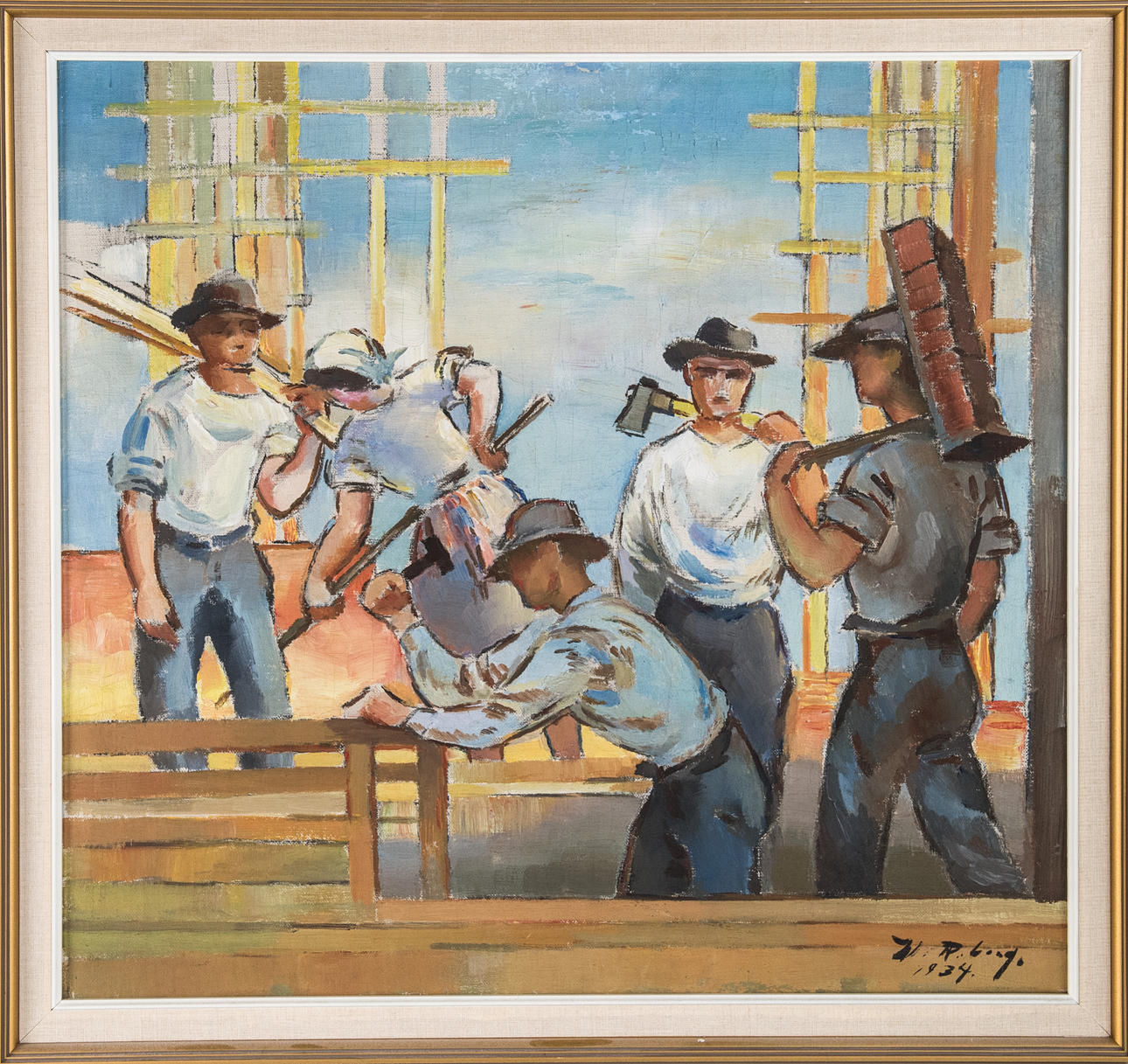 WILLIAM ROSENBERG. Construction workers, signed 1934, oil on canvas.