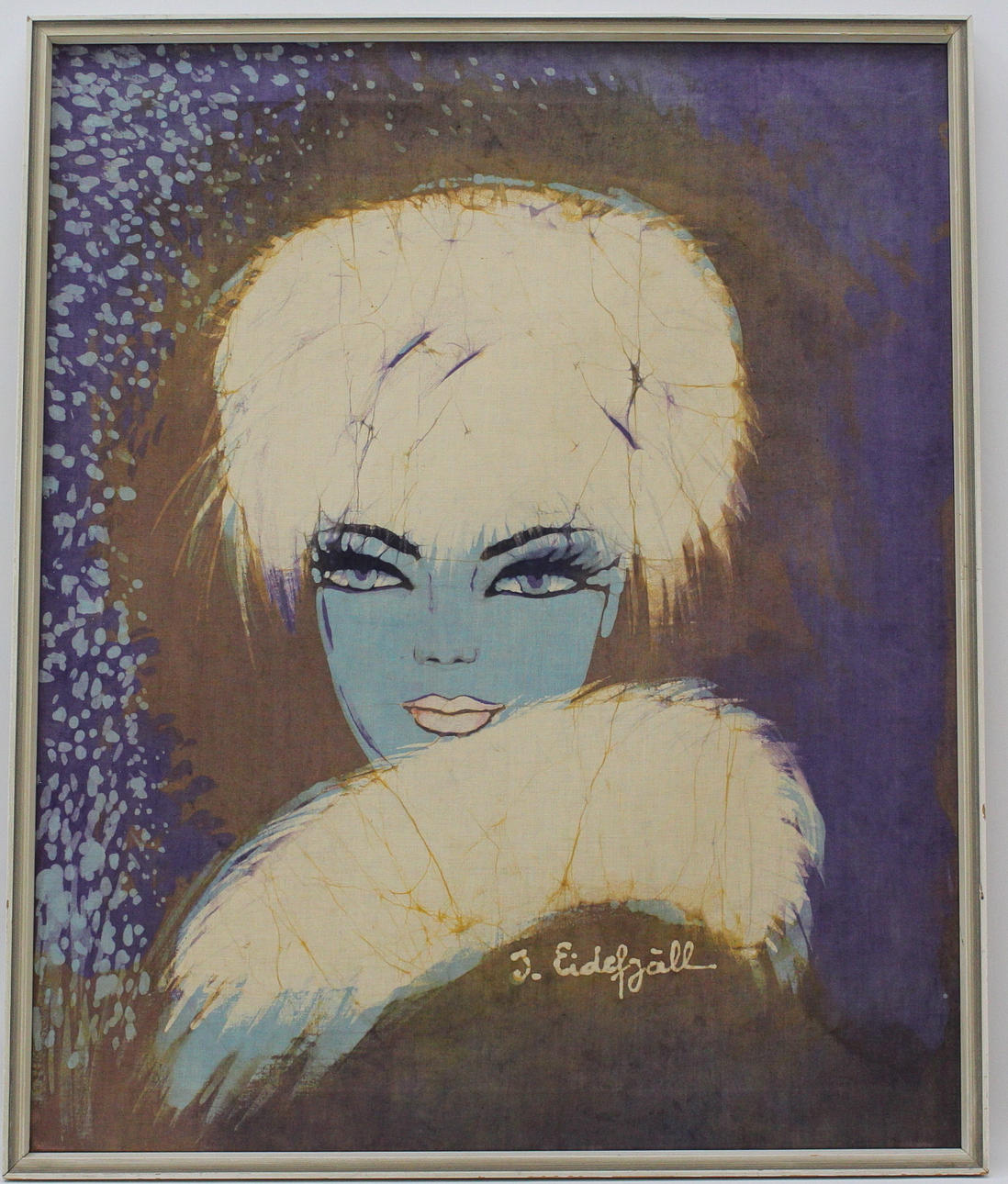 I EIDEFJÄLL. Batiktavla, Dam med pälsmössa, signerad.