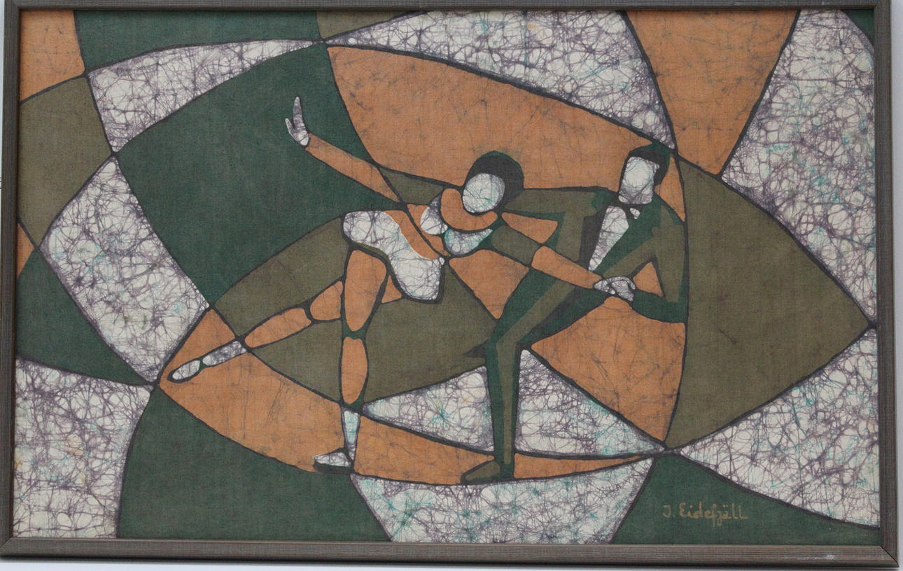 I EIDEFJÄLL. Batik board, Dancing couple signed.