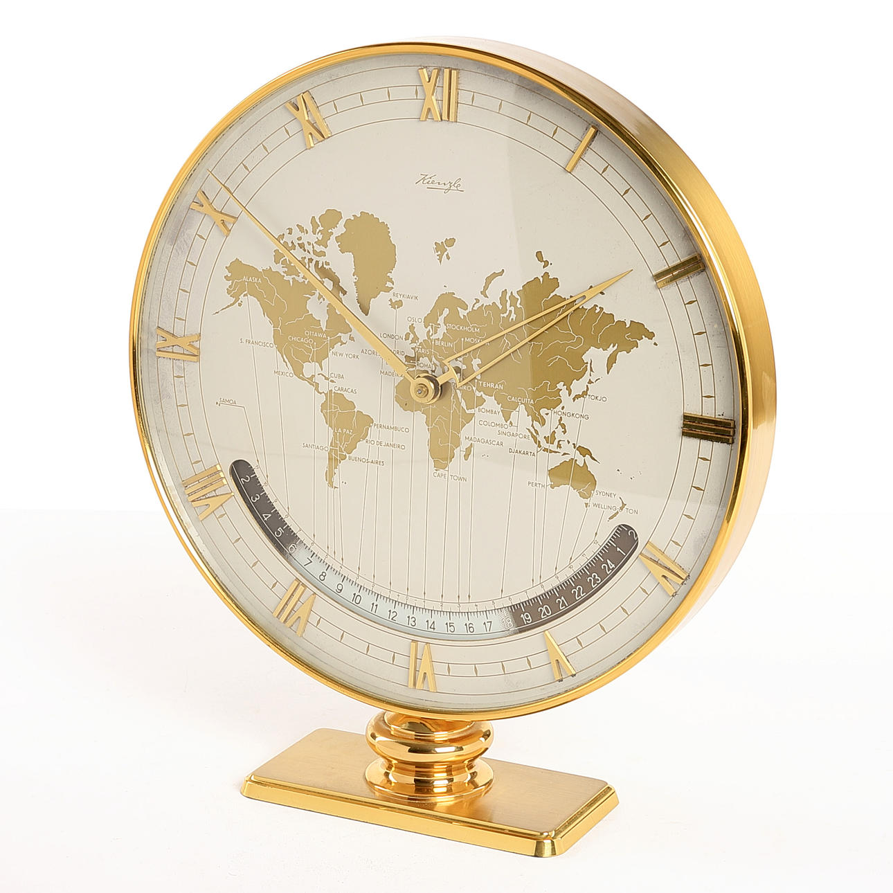 TISCHUHR, sogenannte Weltuhr, Kienzle, Mitte 20. Jahrhundert.