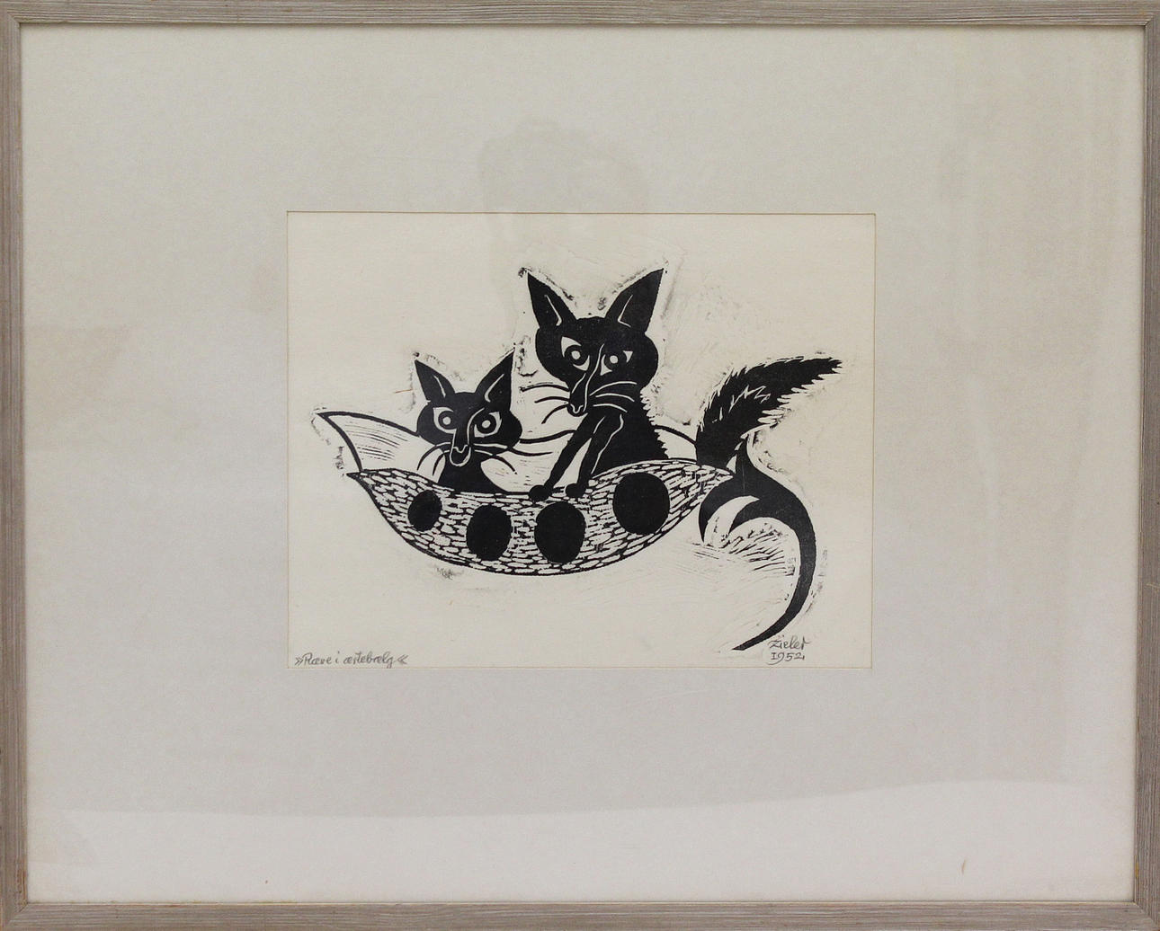 MOGENS ZIELER. "Ræve i ærtebælg". Träsnitt. Signerad Zieler 1952.