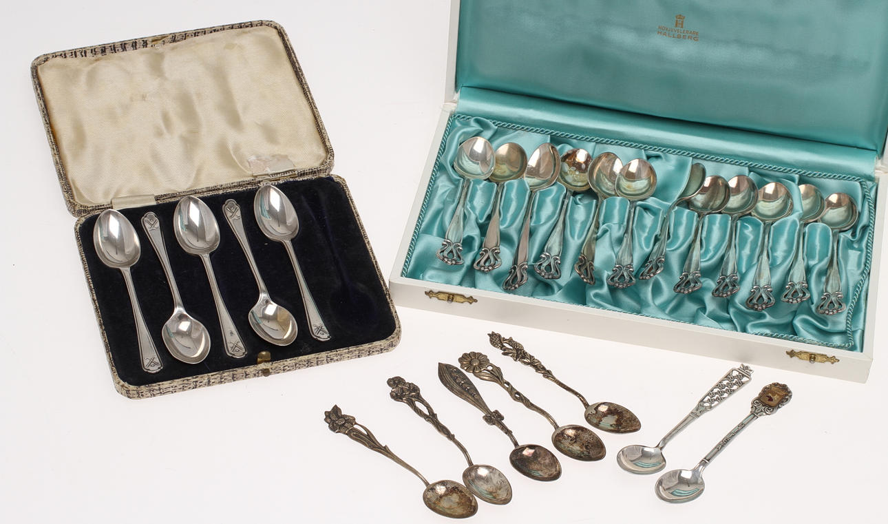PARTI DIVERSE KAFFESKEDAR, silver, olika modeller, 1900-tal.