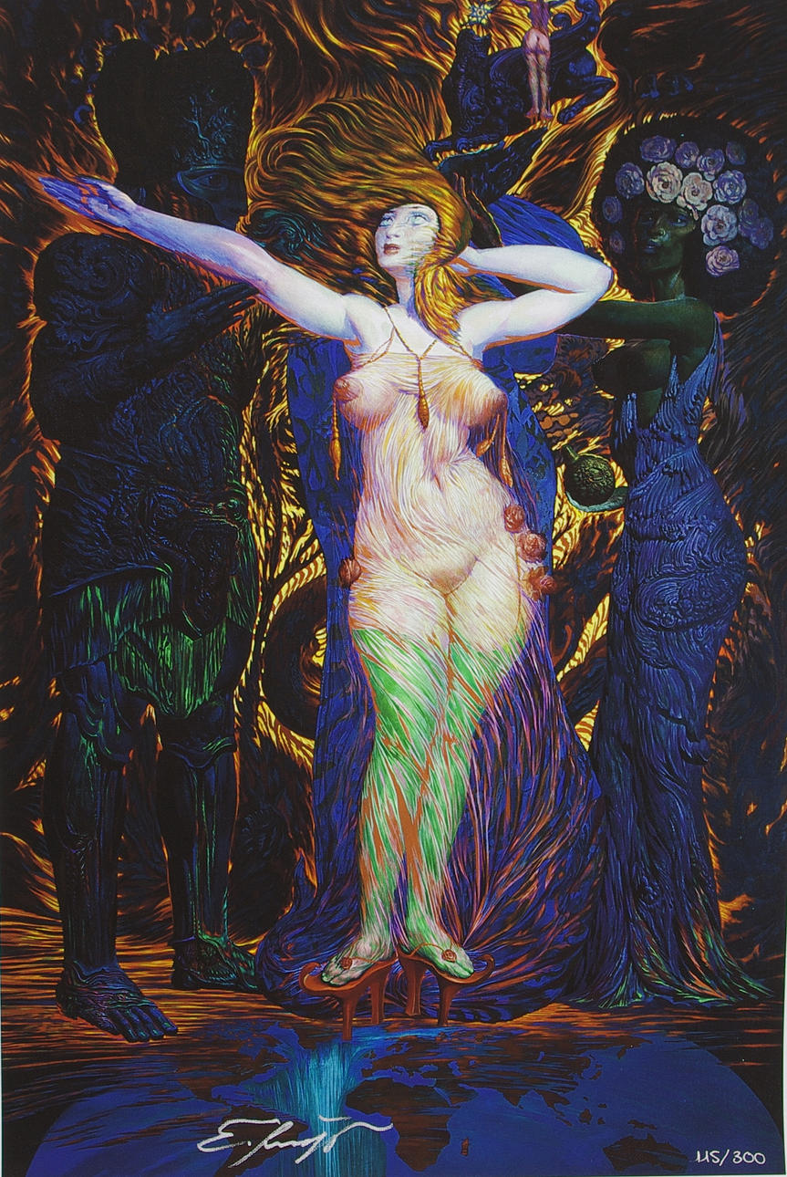 ERNST FUCHS. Screentryck på bomullsduk, handsignerat.