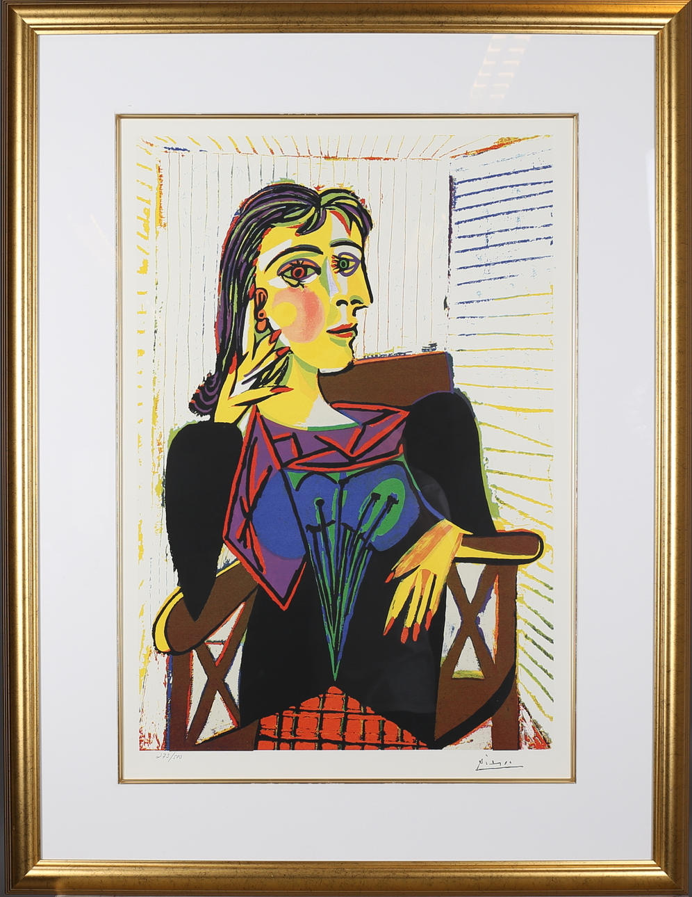 PABLO PICASSO. EFTER. Kvinna i stol. Litografiskt tryck, signerad i trycket och numrerad 273/500.
