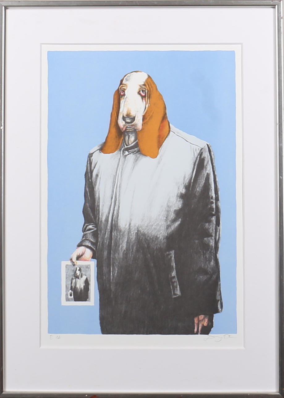 CZESLAW DZIAMALEK. Hund med självporträtt. Färglitografi. Otydligt signerad.