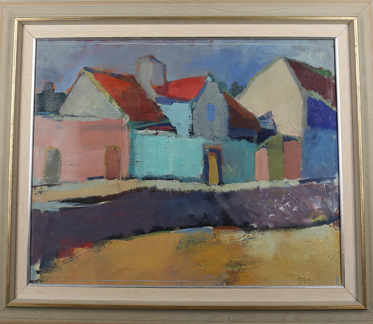 OIDENTIFIERAD KONSTNÄR. Hus. Olja på duk. Otydlig signatur.