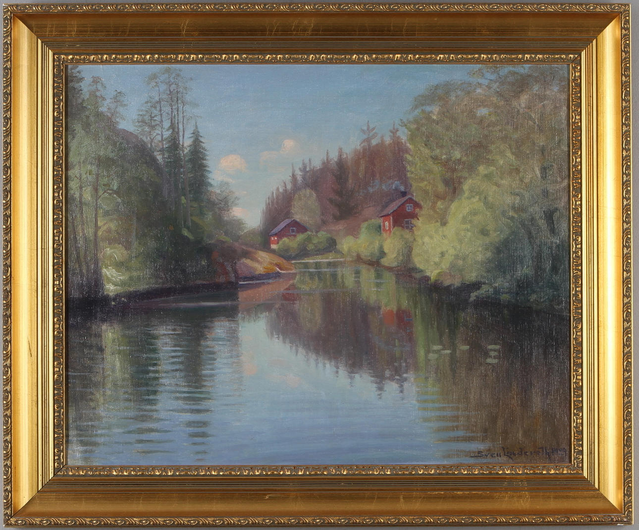 SVEN LINDEROTH. Landskap med röda stugor, olja på duk, signerad samt daterad 1929.