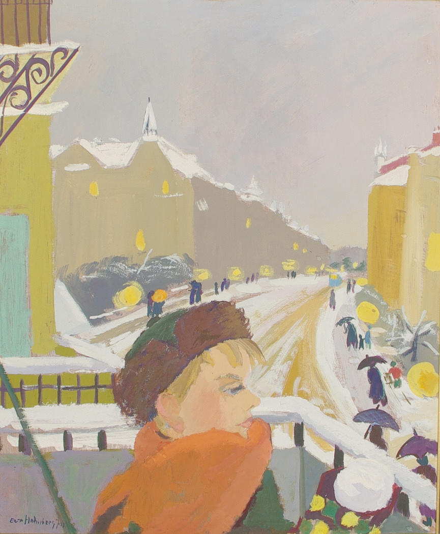 EVA HOLMBERG-JAKOBSSON. Vintergata, olja på pannå, signerad.