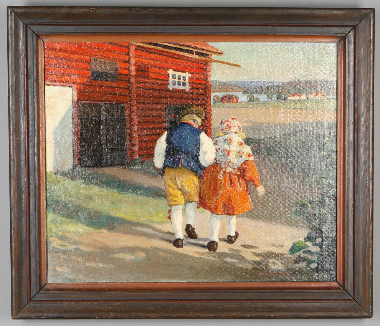 OKÄND KONSTNÄR. Par i folkdräkt, olja på duk, otydligt signerad.
