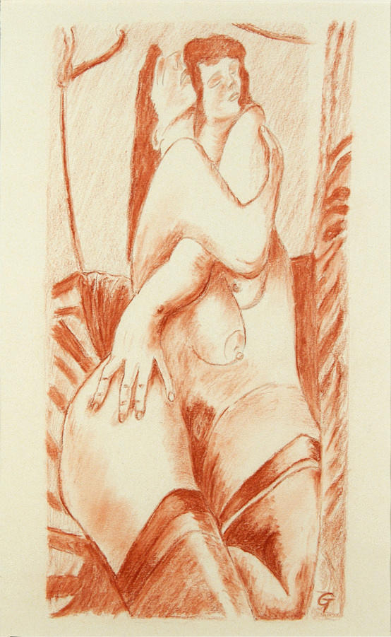 KÜNSTLER DES 20. JAHRHUNDERTS. ”Caress” - penna och röd rubel/papper. 27,5 x 14,5 cm R. u. monog.: CT (ligerad). Inramad.