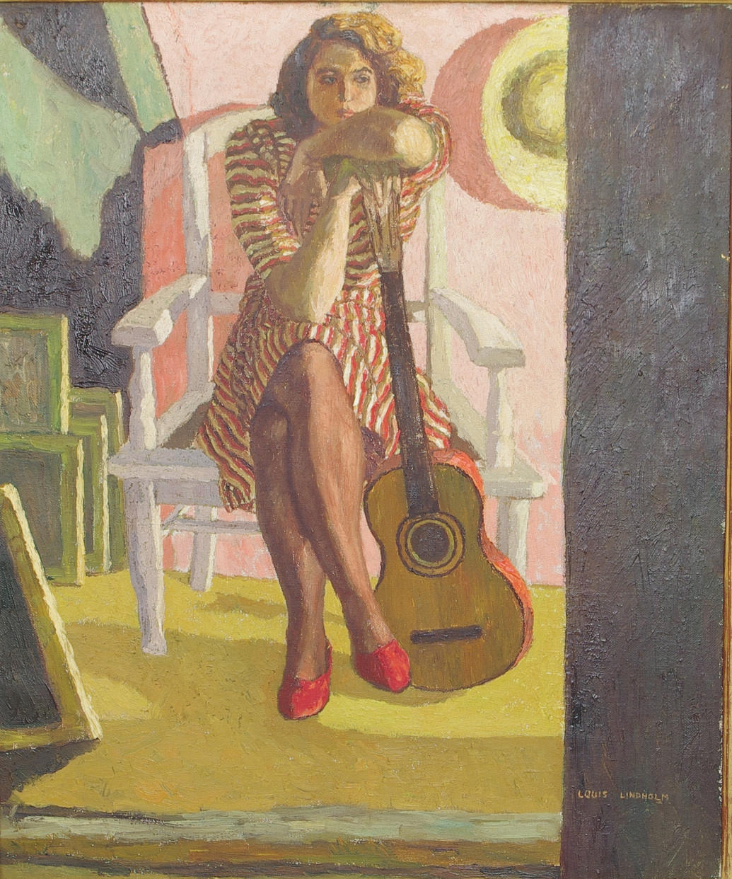 LOUIS LINDHOLM. Kvinna med gitarr, olja på duk, signerad.