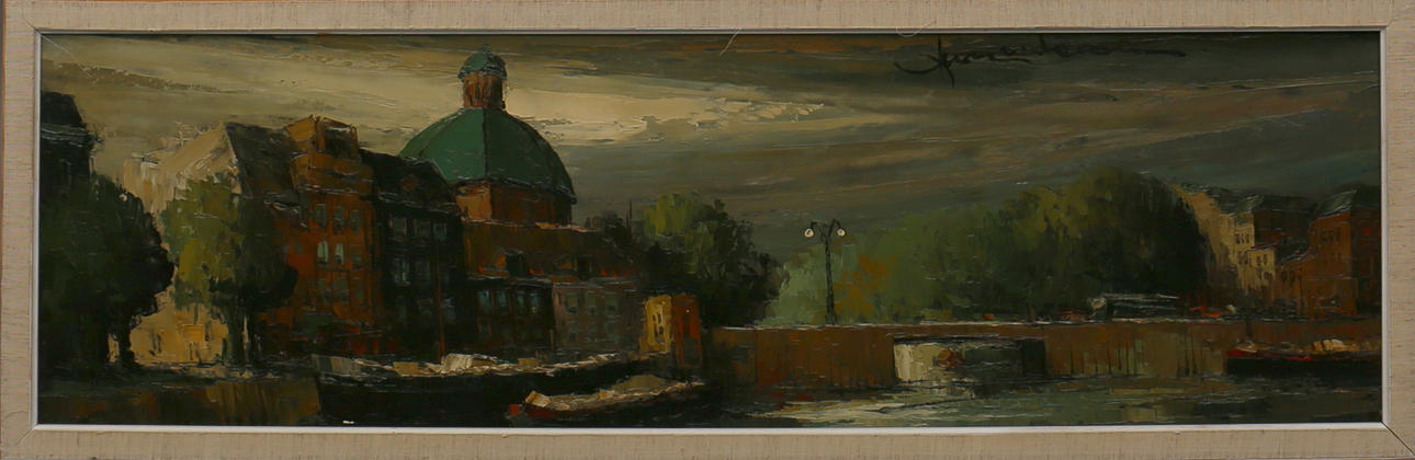 OIDENTIFIERAD KONSTNÄR. Stadsvy. Olja på duk. Otydlig signerad.
