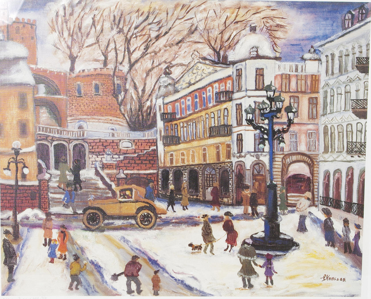 ALMA HANSSON. Stortorget Helsingborg, färglitografi, signera A. Hansson.