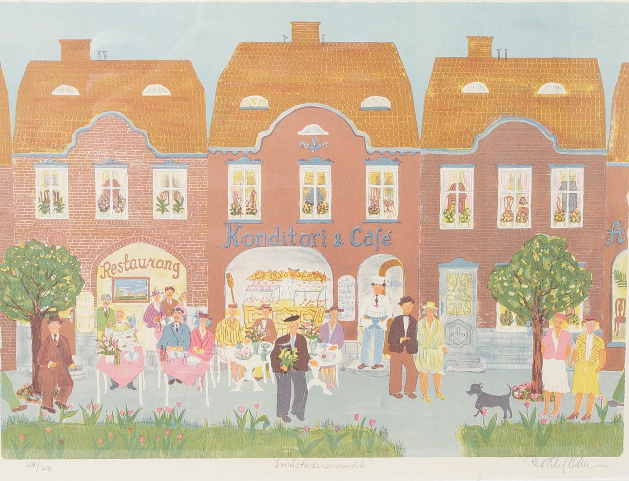 PER OLOF OLSSON. "Småstadsromantik", färglitografi, signerad.