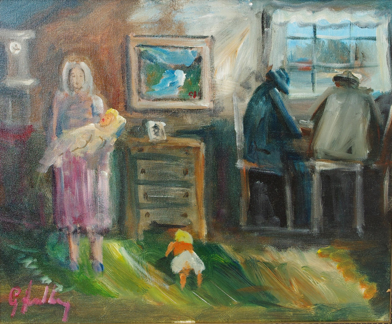 GÖTE LUNDBERG. Interiör med kvinna och barn, olja på duk, signerad G. Lundberg.