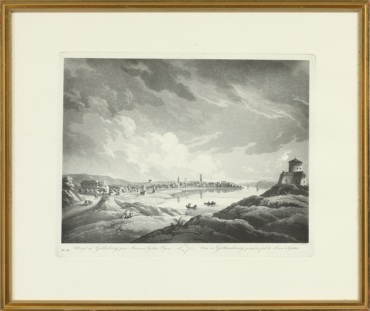 J F MARTIN. "Utsigt af Götheborg från Skansen Götha Lejon", etsning, signerad i plåten.