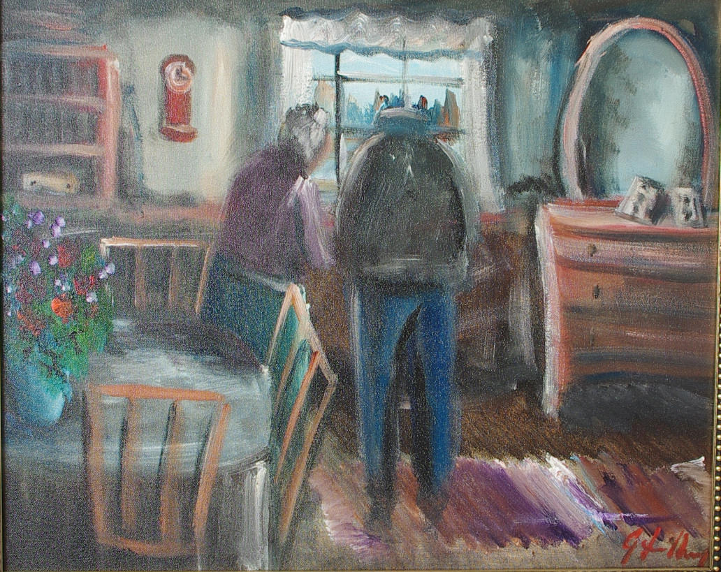 GÖTE LUNDBERG. Interiör med kvinna och man, olja på duk, signerad G. Lundberg.