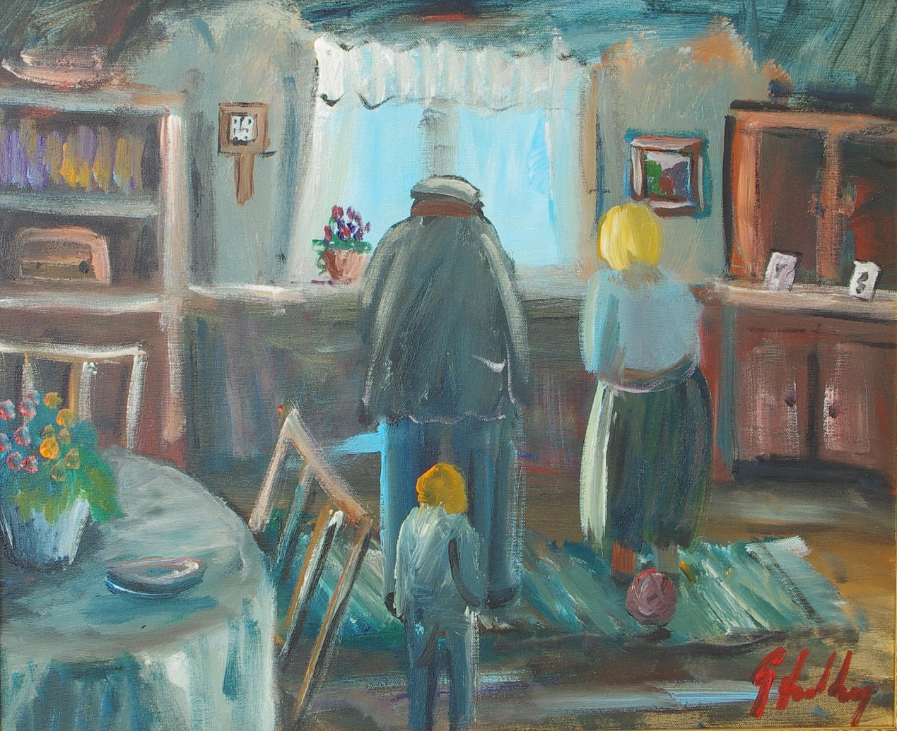 GÖTE LUNDBERG. Interiör med familj, olja på duk, signerad G. Lundberg.