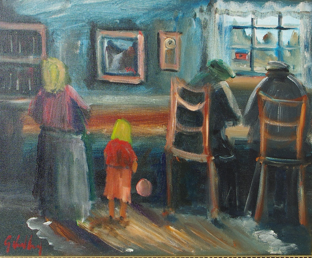 GÖTE LUNDBERG. Interiör med familj, olja på duk, signerad G. Lundberg.