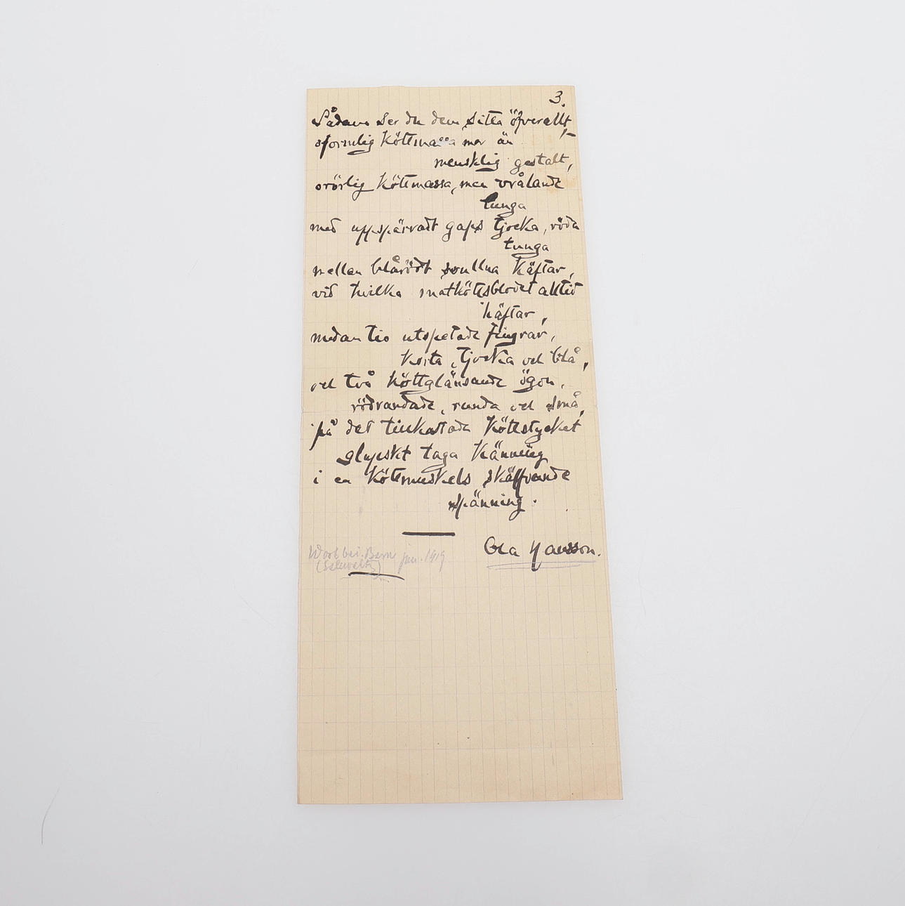 MANUSCRIPT. LONG HANDWRITTEN POEM BY OLA HANSSON ABOUT THE MEAT WRITTEN ...