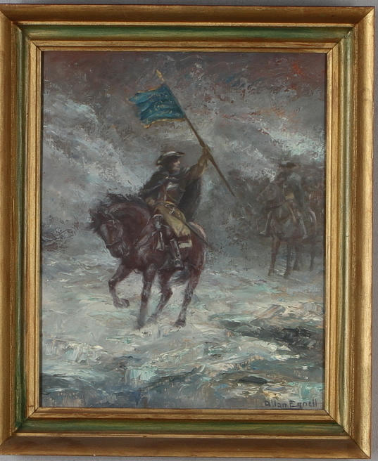 ALLAN EGNELL. Två militärer till häst, olja på pannå, signerad.