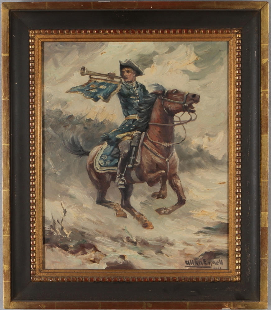 ALLAN EGNELL. Trumpetande militär till häst, olja på pannå, signerad, otydlig datering.