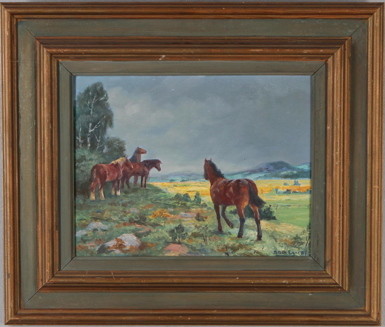 ALLAN EGNELL. Hästar, olja på pannå, signerad.
