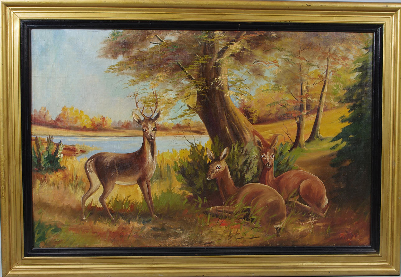 OIDENTIFIERBAR KONSTNÄR. Landskap med hjortar, olja på duk, otydligt signerad.