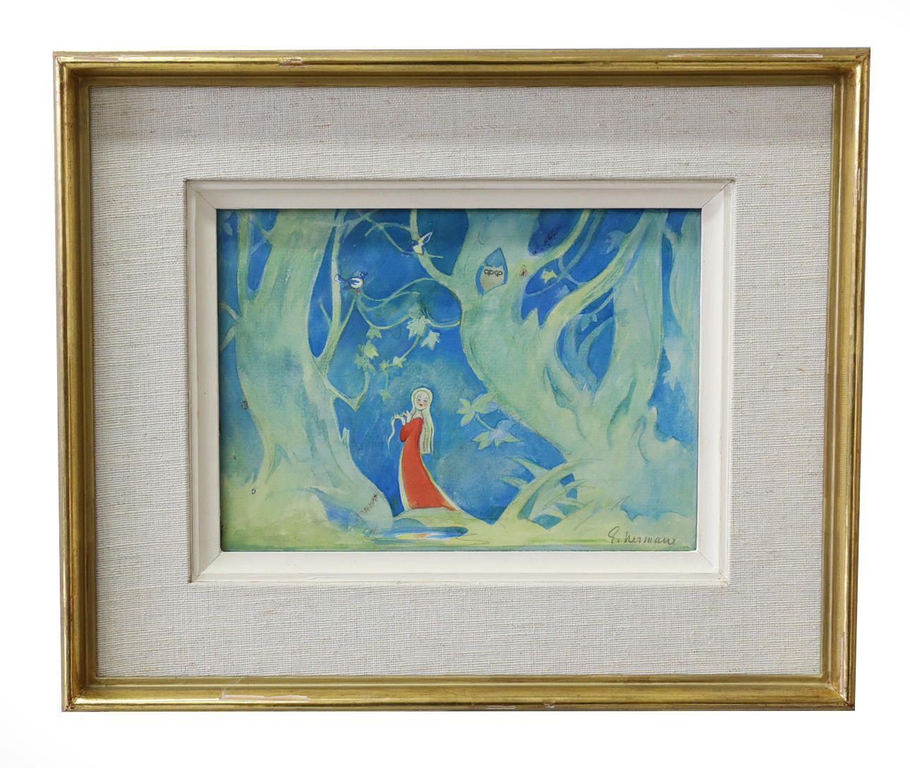 EINAR NERMAN. Akvarell, Flicka i skog, signerad.