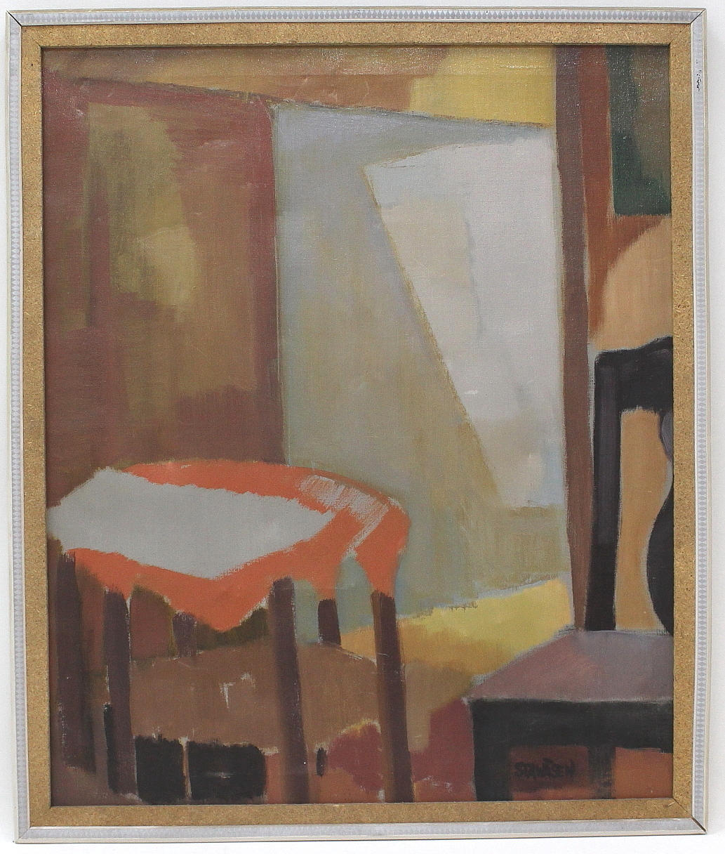 OIDENTIFIERAD KONSTNÄR. Rumsmiljö, Olja på duk. Signerad Stawåsen.