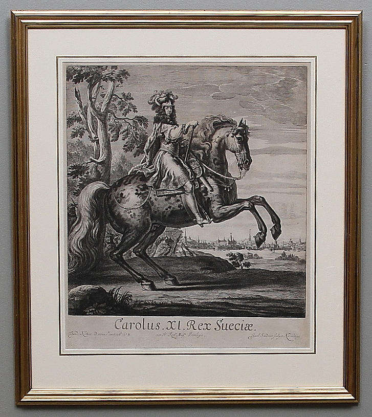 DAVID KLÖCKER /JACOB SANDRART. "Carolus. XI. Rex Sueciae", etsning, 1700/1800-tal.