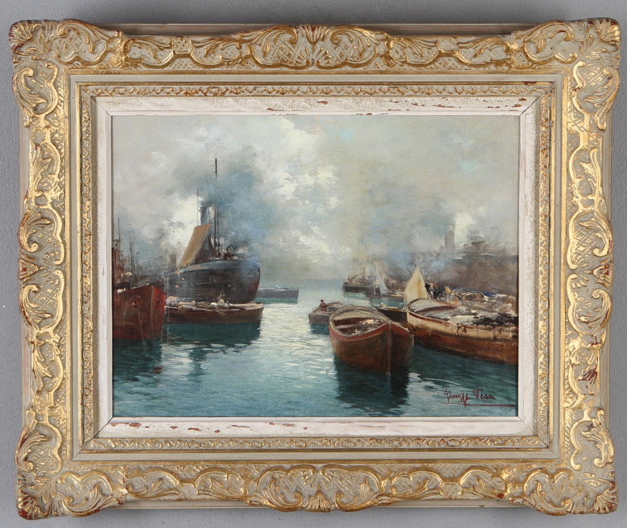 GIUSEPPE TESA. Hamnbild, olja på duk, signerad.