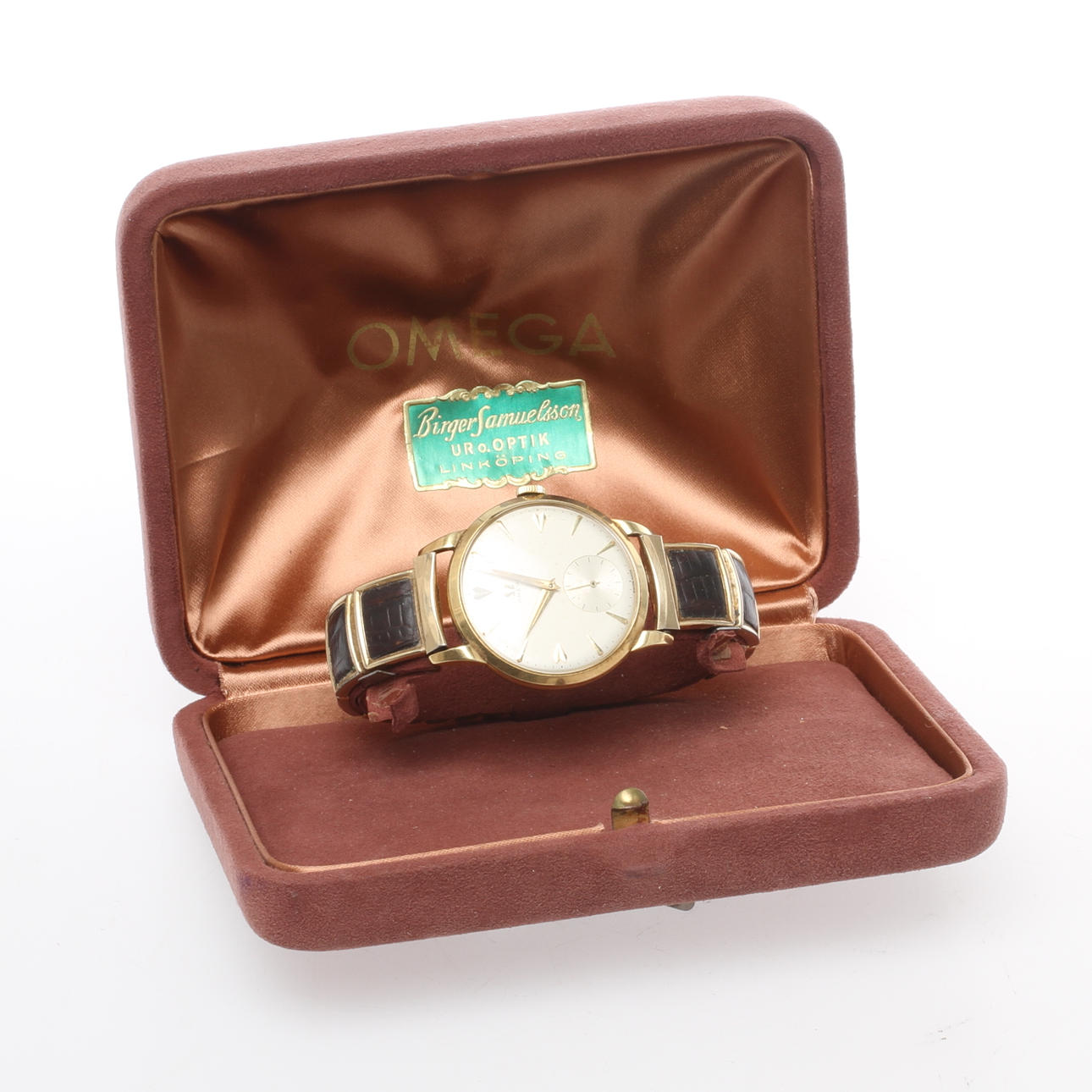 HERRARMBANDSUR, Omega, kal 266, boett 14k guld. 1950-tal.