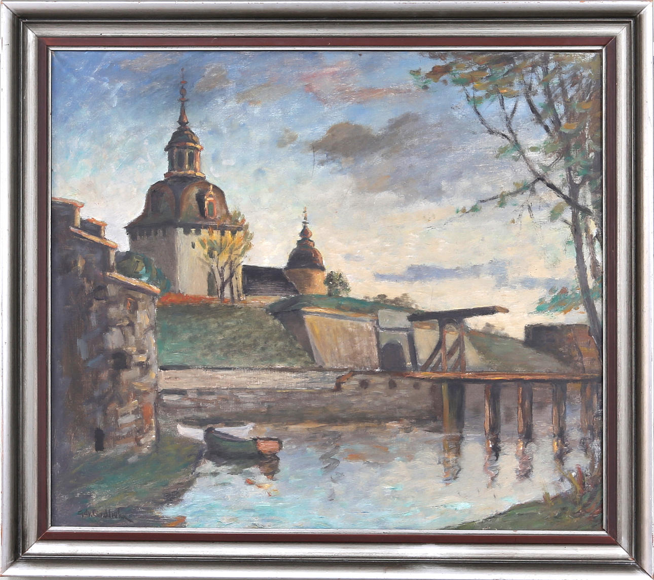 EDWIN LINDHOLM HOUGE. Vy över Kalmar Slott, olja på duk, signerad Lindholm.