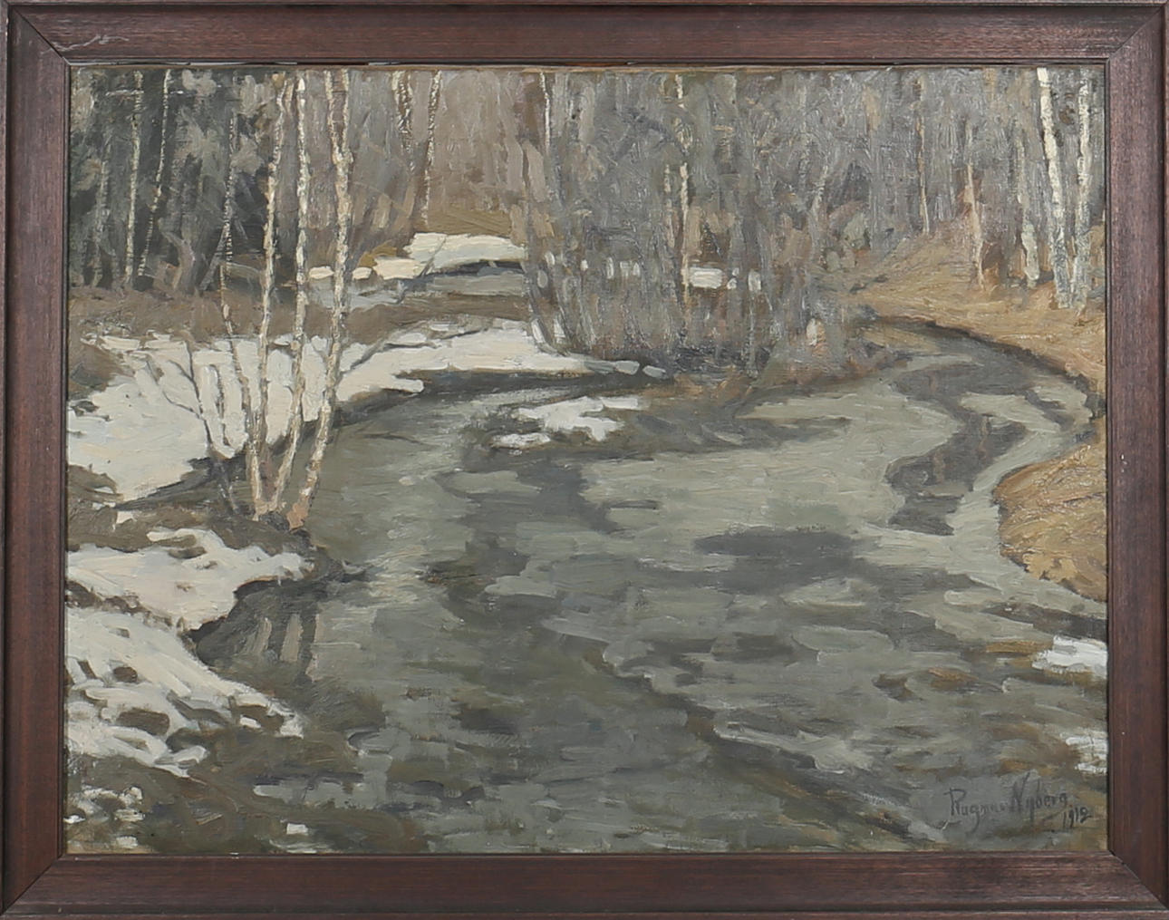 RAGNAR NYBERG. Vårvinter vid vattendrag. Olja på duk. Signerad och daterad 1912.