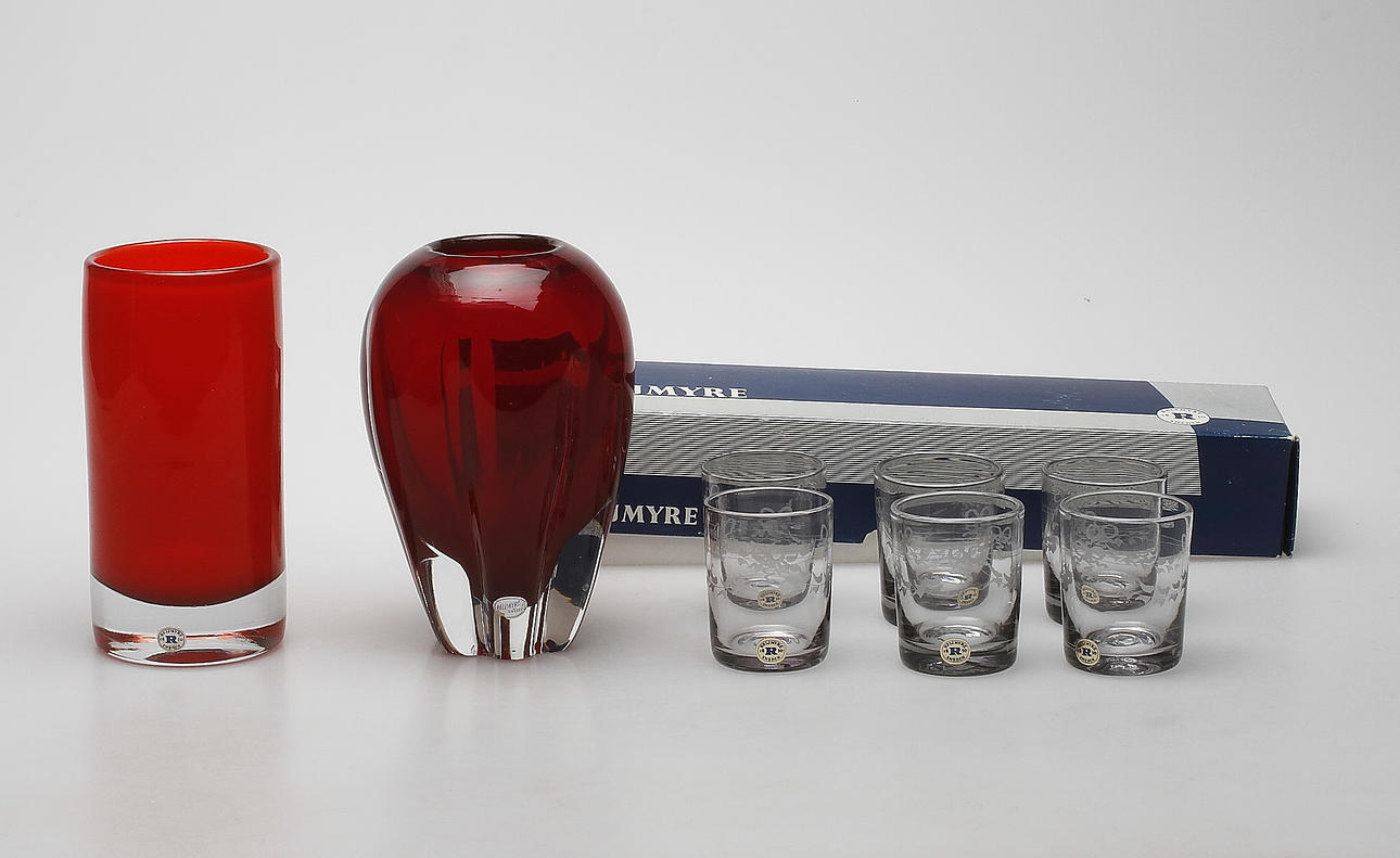 REIJMYRE, 2 vaser, glas samt SELTERGLAS, 6 st, "Antik".