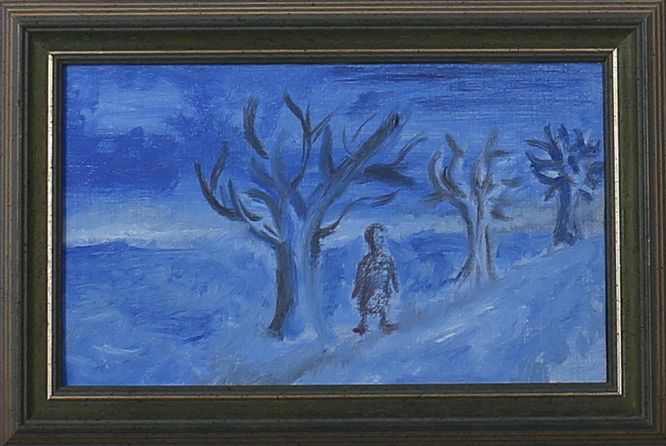 OIDENTIFIERAD KONSTNÄR. Träd med människa. Olja på duk. Osignerad.