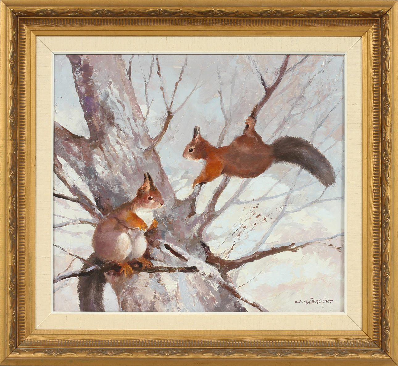 NILS BJÖRKQUIST. "Lekande ekorrar", olja på duk, sign.