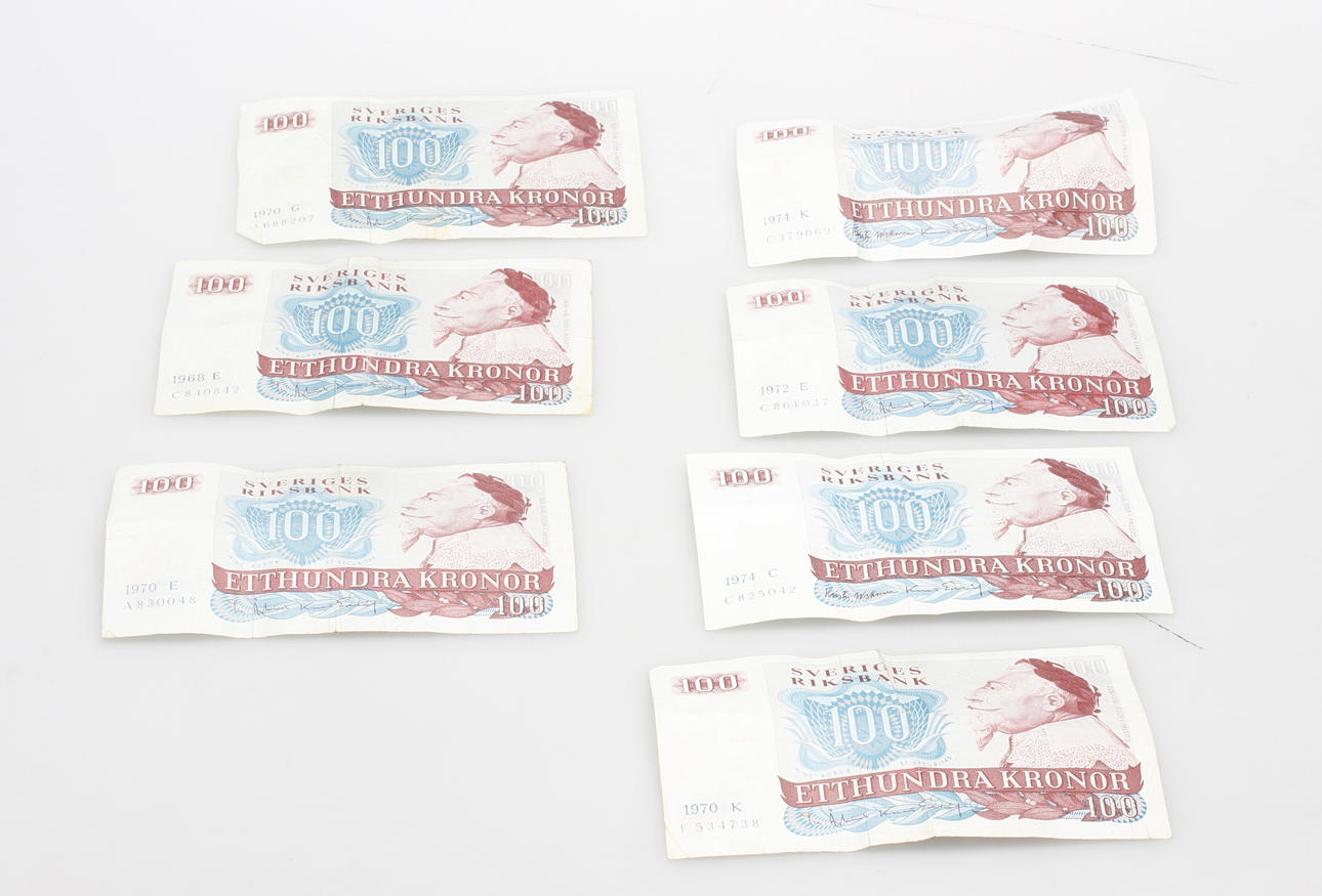 SEDLAR, 7 st, 100 kr, Sverige.